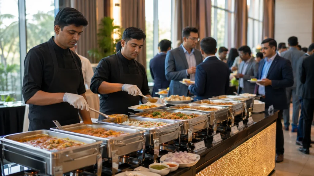 Corporate event catering with chefs serving an Indian buffet to guests