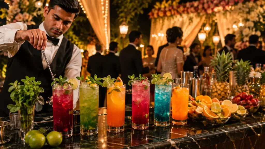 Live mocktail counter at a Dehradun wedding with bartender making colourful mocktails